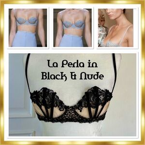 La Perla Black/Nude Sheer Lace Mesh Eyelet Boning Balconette Bra 32B RARE